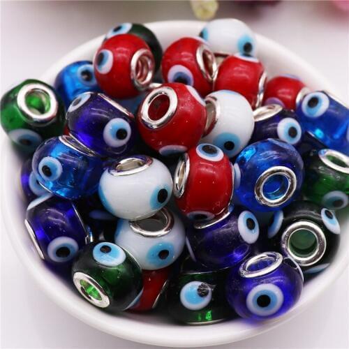 10Pcs New Round Evil Eye Charms Large Hole European Spacer Beads fit Pandora Bracelet DIY Necklace Women for Hair Jewelry Making