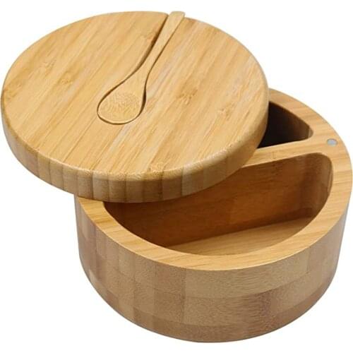 Bamboo Salt And Pepper Box , Divided Salt Cellar With Swivel Lid And Spoon, Seasoning Containers Keep Dry, With Mini Spoon