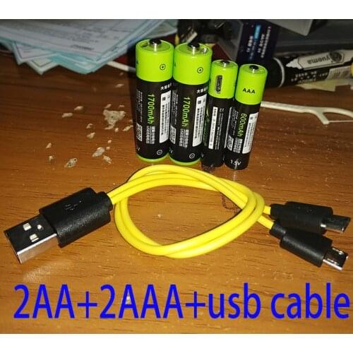 ZNTER 1.5V 2AA 1700mAh +2AAA 600mah usb battery li-polymer li-po rechargeable lithium li-ion battery with USB cable pack