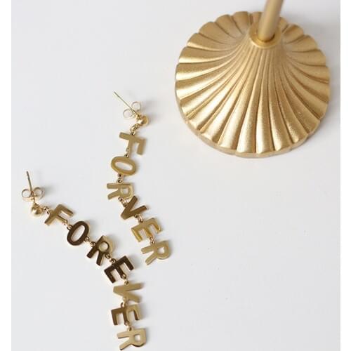 MODAGIRL Korean Style Women Minimalist Stainless Steel Earrings Gold Letter FOREVER Drop Earrings Valentines Days Gift