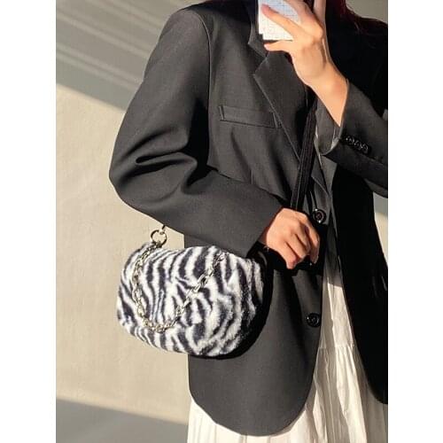 Zebra Pattern Plush Girl Bag 2021 New Cool Girl Chain Hairy Underarm Women Handbags Retro Fashionable Shoulder Messenger Bag