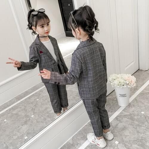 Casual Wedding Kids Suit For Girls Long Sleeve Formal Pant Suits for Teenagers 2PCS Blazer Set Children Cotton Blazer ZH145