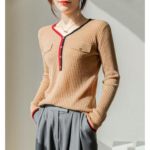 Early spring new V-neck wool sweater womens color-blocking pullover sweater Slim fashion simple long-sleeved bottoming sweater