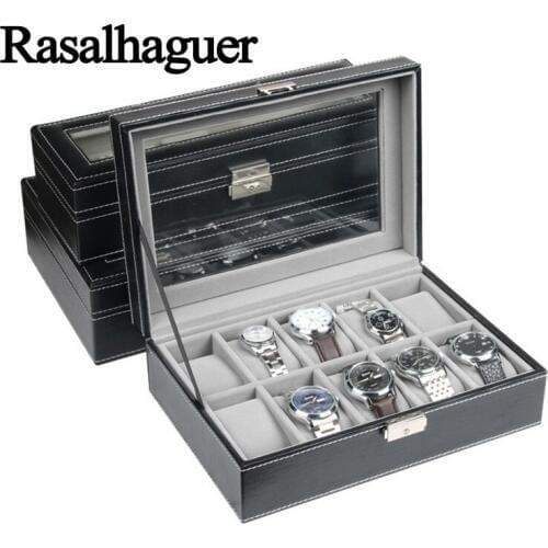Rasalhaguer Top Sale 6 Grids PU Leather Watch Boxes Storage Organizer Box Luxury Jewelry Display Watch Case Black Free Shipping