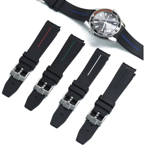 Top Curved End Silicone Rubber For Omega Watch With Silver Buckle Strap 20mm 22mm Waterproof Diving Sport Watch Band Replacement