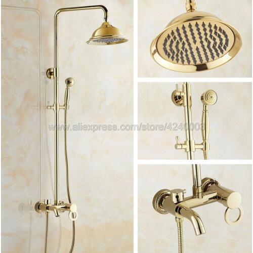 Luxury Gold Color Brass Bathroom Shower Faucet Set Tub Mixer Tap Hand Shower Wall Mounted Kgf403