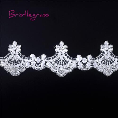 BRISTLEGRASS 1 Yard White Embroidered Flower Vine Tulle Mesh Lace Trims Applique Patches Bridal Wedding Dress Costume DIY Sewing