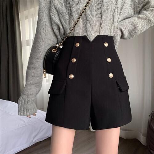 High Waist Shorts for Women Winter 2020 Loose Korean Version Pockets Button Solid Black Dropshipping Ladies Warm Blusas 0899