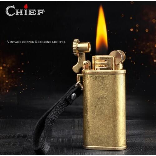 Vintage Copper Chief Kerosene Oil Lighter Windproof Portable Metal Grinding Wheel Trench Cigarette Lighter Outdoor Tool Men Gift