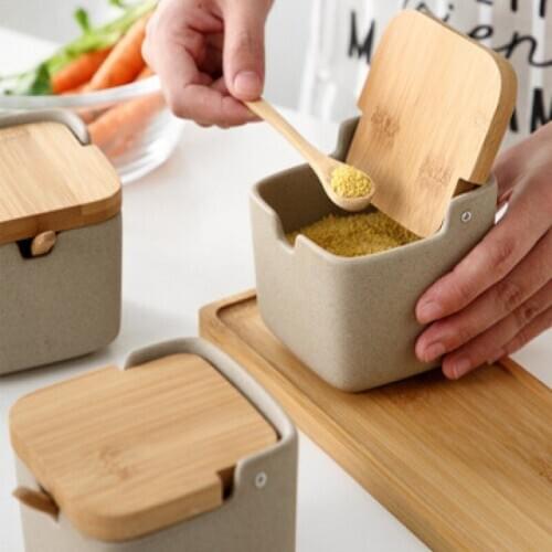Japanese flip top ceramic seasoning pot box can combination set kitchen salt sugar monosodium glutamate household restaurant