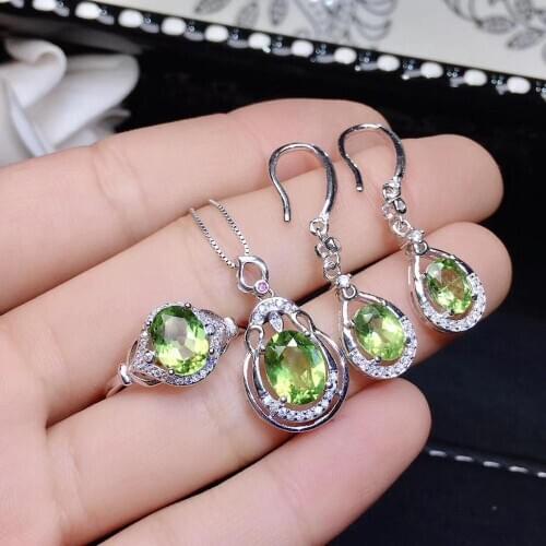 Big sale fashion yellow peridot jewelry set including ring hook earrings and necklace natural gem real 925 silver girl gift