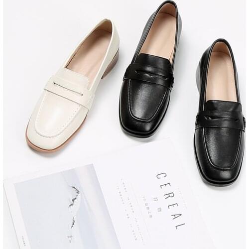 Mordoan Genuine Leather women shoes one-pedal thick heel loafers female British retro flat bottom all-match womens single shoes