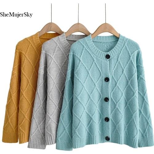 SheMujerSky Women Knitted Argyle Sweaters 2021 Solid Color Long Sleeve O-neck Single Breasted Cardigans