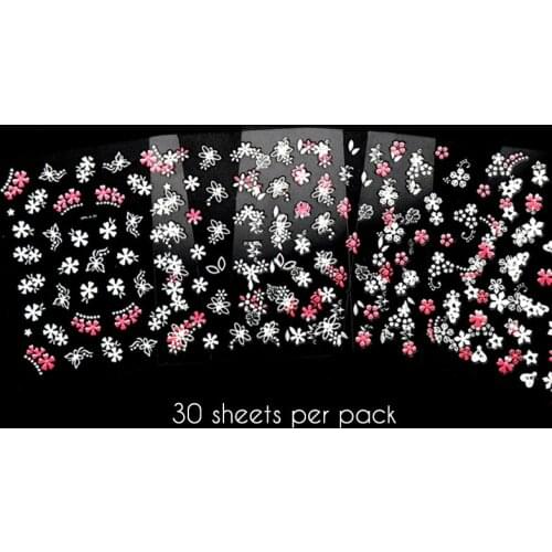 30pcs/1pack 3D Flowers Nail Art Stickers Colorful DIY White Red Nail Stickers Decals Foils Manicure Wraps Decorations