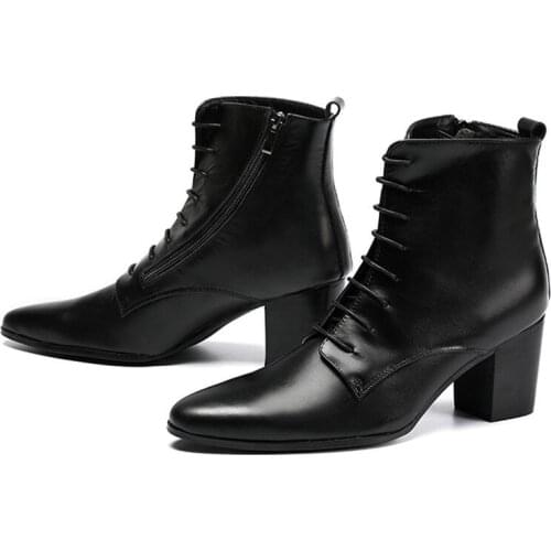 Black Soft Leather Ankle Boots Thick Heels Men Shoes Cowboy Boots Men High Heels 6.8cm Zapatos Hombre Lace Up Man Boots 46