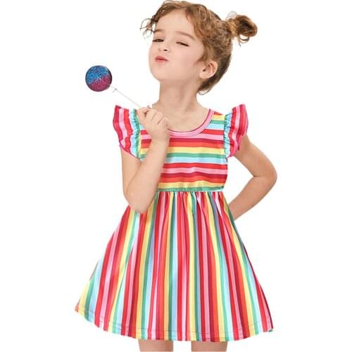 Kids Baby Girls Fashion Fly Sleeve Rainbow Striped Dress Stylish Dress for Children Girls 2021 New Vestidos