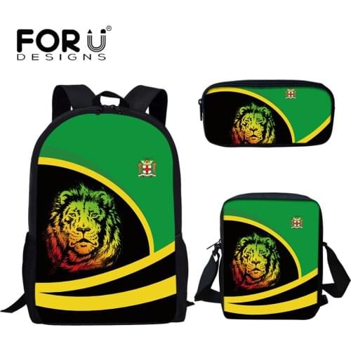 FORUDESIGNS Jamaica Flags and Lion Creative Design Schoolbags 3Pcs Set Student Bookbags and Small Messenger Bag Penbag 2021