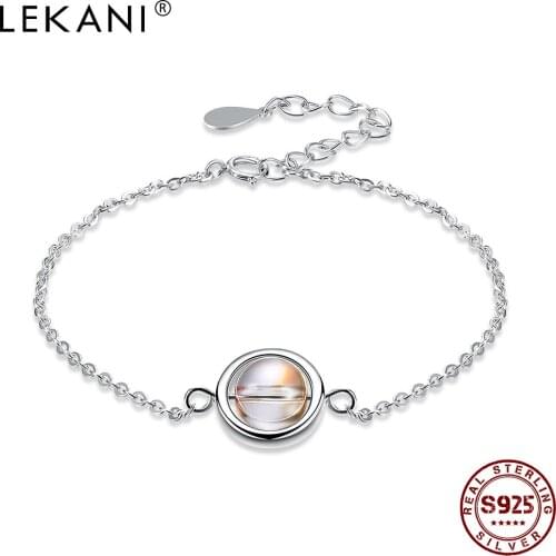 LEKANI Real 925 Sterling Silver Womens Bracelet Rotatable Ball Orange Austria Crystal Charm Bracelets Trendy Silver Jewelry