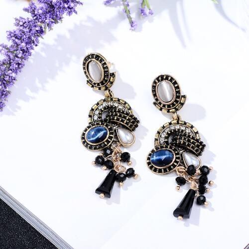 LUBOV Black Flower Crystal Leaf Design Drop Earrings New Trendy Silver Drop Earrings For Women Personality Statement Jewelry