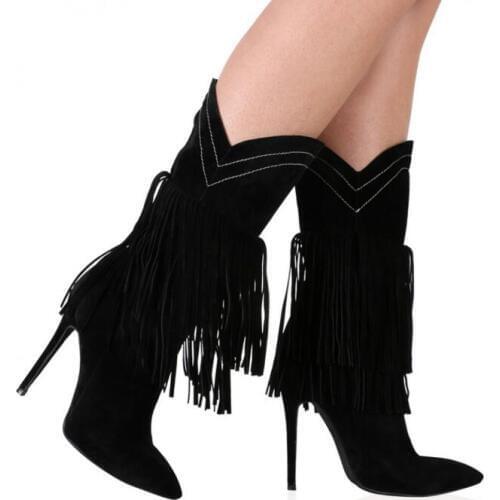 Fashion Suede Leather Women Pointed Toe Mid-Calf Boots Cute Fringe Ladies Slip On Boots Thin High Heel Female Knight Boots