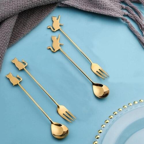 Cartoon Pattern Stainless Steel Coffee Stirring Spoon Ice Cream Dessert Spoons Cake Fruit Fork Cutlery Kitchen Supplies