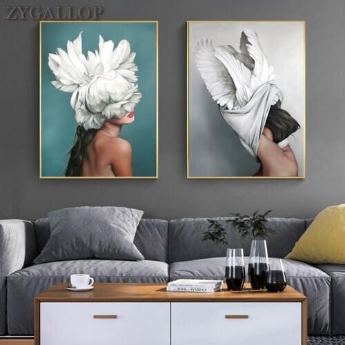 Nordic Posters and Prints Feather Woman Painting Modern Wall Art Abstract Canvas Paintings Bedroom Decor Wall Pictures No Frame