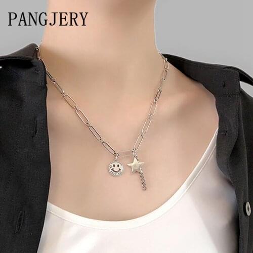 PANGJERY 925 Sterling Silver Necklaces for Women Fashion Punk Hiphop Rock Simple Smiley Face Pentagram Tassel Party Jewelry Gift