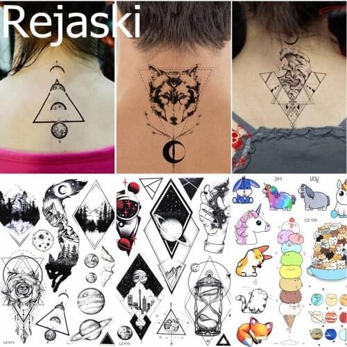 Popular Geometric Wolf Moon Temporary Tattoo Stickers Women Body Arm Neck Water Transfer Tatoos Men Neck Fake Black Tattoo Paste