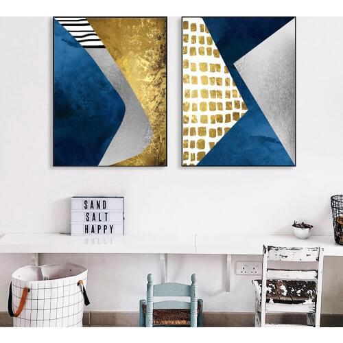 Modern Abstract Blue Gold Spliced Painting Geometry Mountain Canvas Poster Art Wall Picture for Living Room