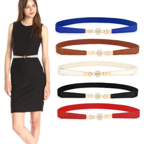 Women Skinny Belt for Dresses Elastic Stretch Ladies Waist Belt Gold Flower Buckle Female Waistband ceinture femme