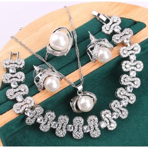 Silver Color Jewelry Set For Women Bride White Pearl Pierced Earrings Necklace Pendant Ring Crystal Bracelet Wedding Gift 4PCS
