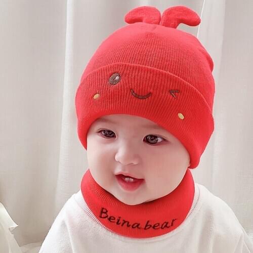 0-12M Baby Hat Scarf Set Boys Girls Skullies Beanies Autumn Winter Warm Toddler Kids Hats Ring Scarf Cute Cartoon Wool Knit Cap
