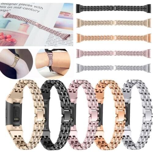 For Fitbit Charge 3 five rows of two beads diamond Strap Stainless Steel Metal Wristband Watch Wrist band Strap Bracelet Replace