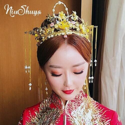 NiuShuya Traditional Chinese Hair Accessories Style Vintage Chinese Headdress Headpiece Gold Chinese Hair Jewellery Bridal Crown