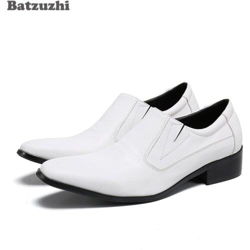 Batzuzhi Handmade Mens Leather Dress Shoes Pointed Toe Formal Business Leather Shoes Men Slip on White Party and Wedding Shoes