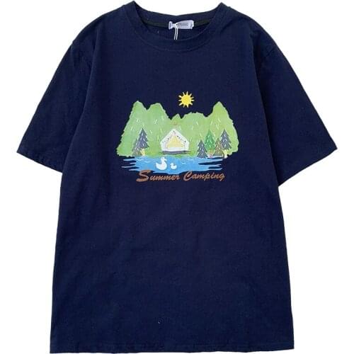 Cute cartoon printed comfortable fabric loose short-sleeved T-shirt