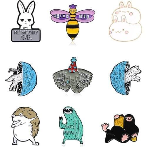 Funny animals Enamel Brooch Rabbit sloth wolf dog Elephant bee Hedgehog Lapel Pins Cute cartoon jewelry Badge gifts for kids