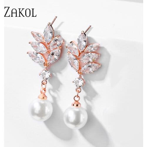 ZAKOL New Design Cute Romantic Cubic Zirconia Freshwater Pearl Drop Cute Earrings Luxury Jewelry for Women FSEP5032
