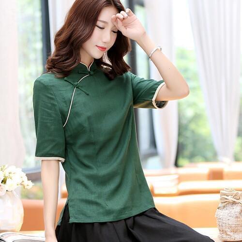 Green Traditional Chinese Clothing for Women China Shirt Chinese Style Tops Stand Collar Cotton Linen Solid Cheongsam Tang Tops
