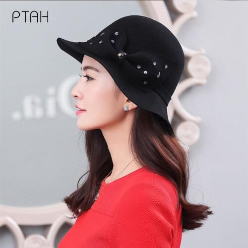 [PTAH] ] Autumn Winter Fedoras Hat For Women Temperament Elegant Church Bow Hats Wool Casual Warmer Fedoras Ladies High Quality