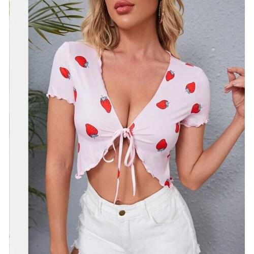 Womens Tie Up Crop Tops Sexy Deep V Neck Short Sleeve Floral/Fruit Print Open Front T-Shirts
