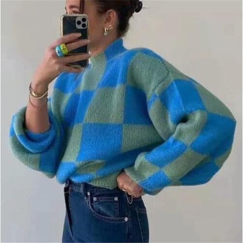 Winter 2021 Womens Sweater Half Turtleneck Large Size Blue Check Ladies Long Sleeve Top Knitted Pullover