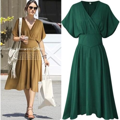 Plus Size 4xl Casual A-line Green Yellow Solid Pure Color Knee-length V-neck Summer Dress Sexy Women Dress Vestidos De Verano