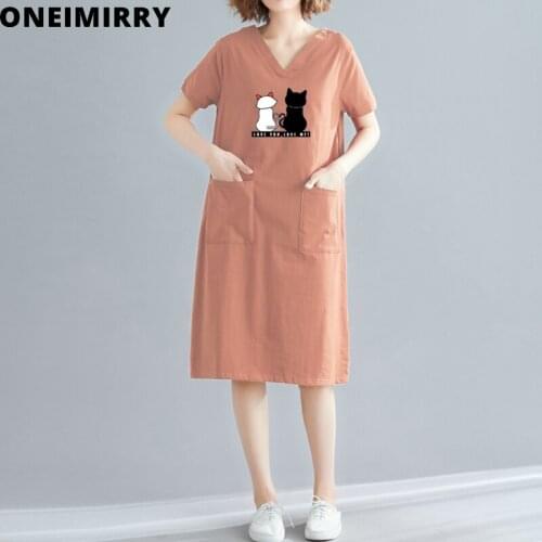 Oneimirry Cartoon Cat Print Woman Dresses Summer 2021 V-Neck Korean Casual Long Tshirt dress Loose Short Sleeve Women Vestidos