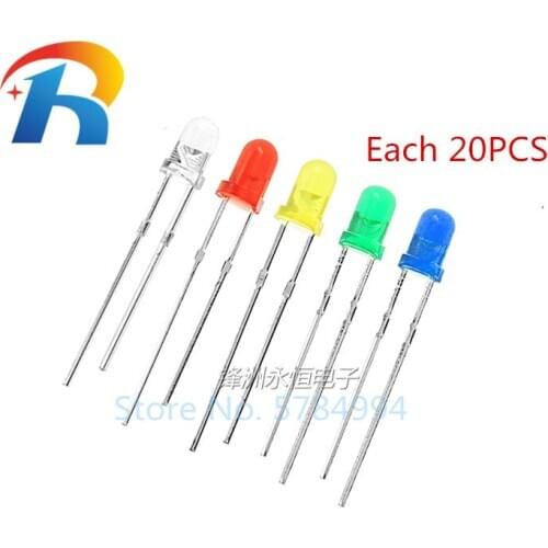 100pcs/lot F3 3MM LED light bright Round Green Yellow Blue White Red LED Light COMPONENT Diode DIY kit Each 20PCS