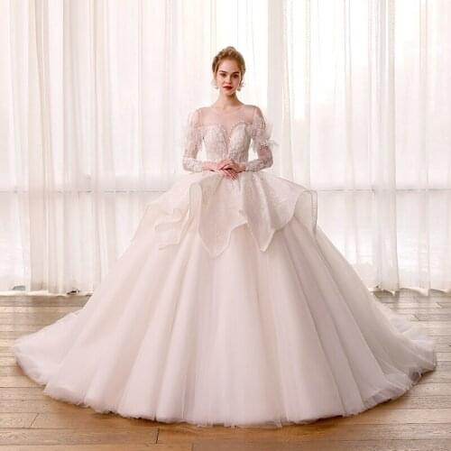 SL8177 elegant wedding ball gowns with long sleeves lace tiered skirts long dress for bride tulle cheap wedding dresses robe
