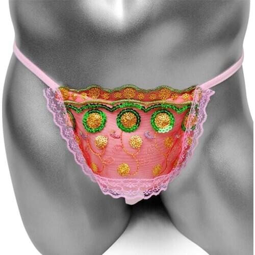 Shiny Paillette Embroidery Sissy Thong Panties Luxurious Sexy Men G String Underwear With Bulge Pouch Gay Lingerie Penis