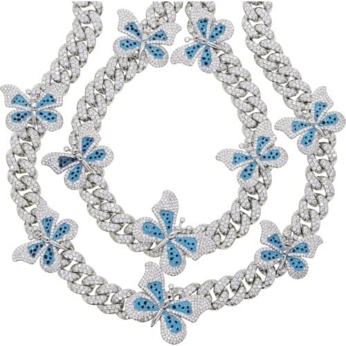 Bling bling cz stone 12mm curb cuban chain butterfly pendant hip hop necklace women charm rose gold silver color pink cz jewely