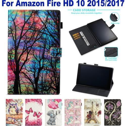 Stand Wallet Card Slot Case For Amazon Fire HD 10 10.1" 2017 Case Cover Funda Tablet Fashion Pattern Shell Auto Wake Up/Sleep