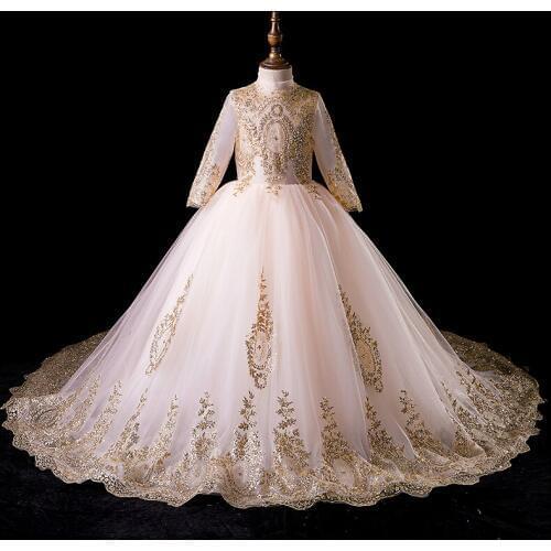 Elegant Kids Dress Sequin Lace Prom Princess Formal Dress Long Sleeve Trailing Flower Girl Dress Pageant Party Wedding Ball Gown